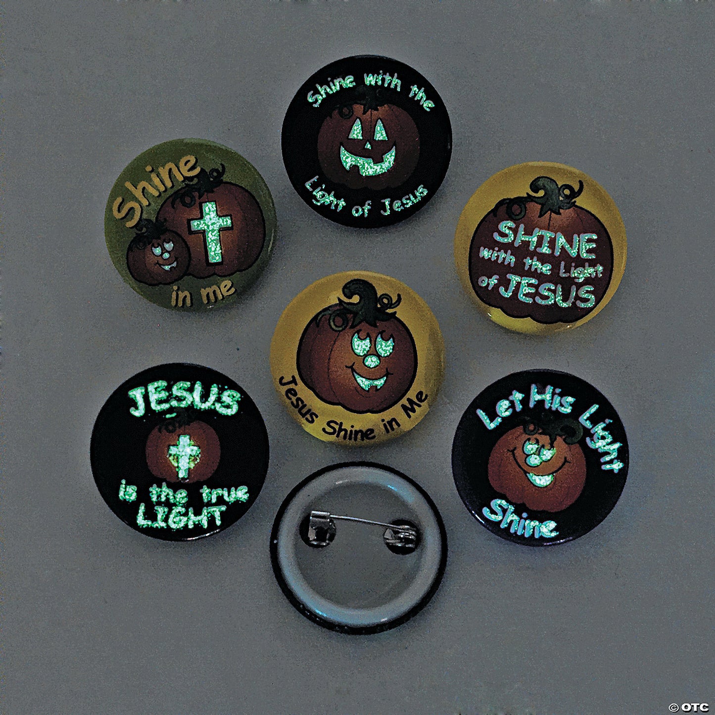 1" Bulk 48 Pc. Mini Christian Pumpkin Glow-in-the-Dark Metal Buttons | USA Decoration®