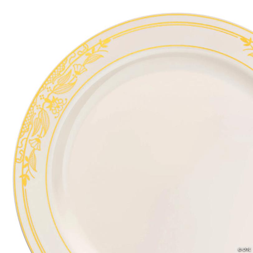 10.25" Ivory with Gold Harmony Rim Plastic Dinner Plates (40 Plates) | USA Decoration®