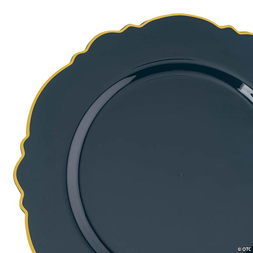 10.25" Navy with Gold Rim Round Blossom Disposable Plastic Dinner Plates (50 Plates) | USA Decoration®
