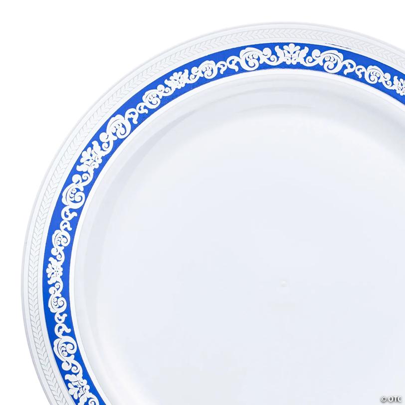 10.25" White with Blue and Silver Royal Rim Plastic Dinner Plates (40 Plates) | USA Decoration®