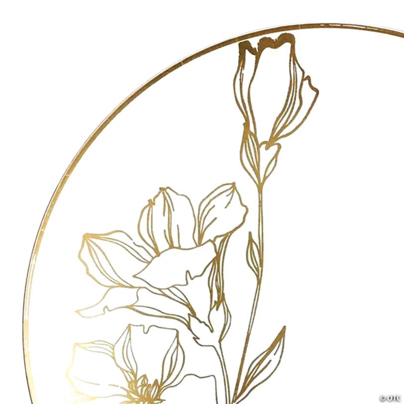 10.25" White with Gold Antique Floral Round Disposable Plastic Dinner Plates (40 Plates) | USA Decoration®