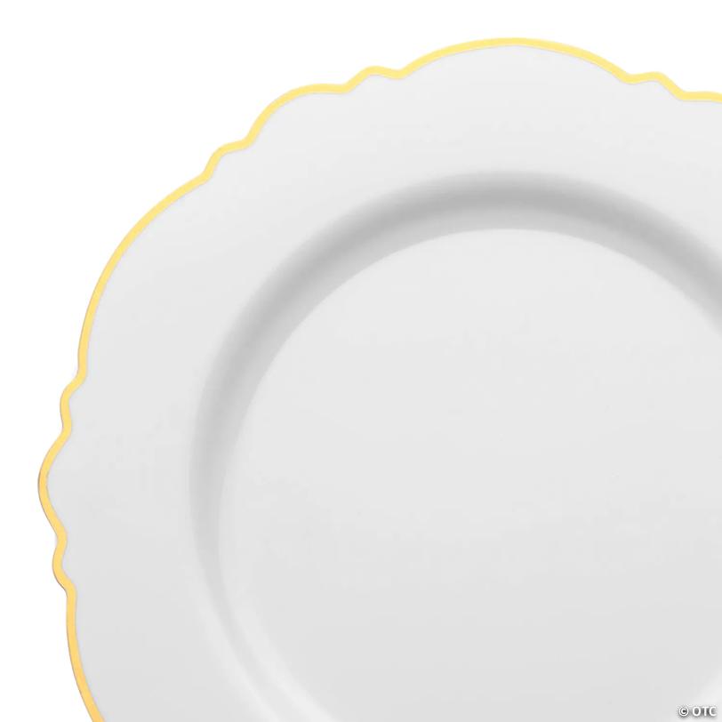 10.25" White with Gold Rim Round Blossom Disposable Plastic Dinner Plates (50 Plates) | USA Decoration®