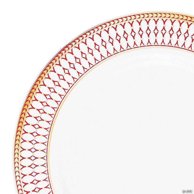 10.25" White with Red and Gold Chord Rim Plastic Dinner Plates (40 Plates) | USA Decoration®