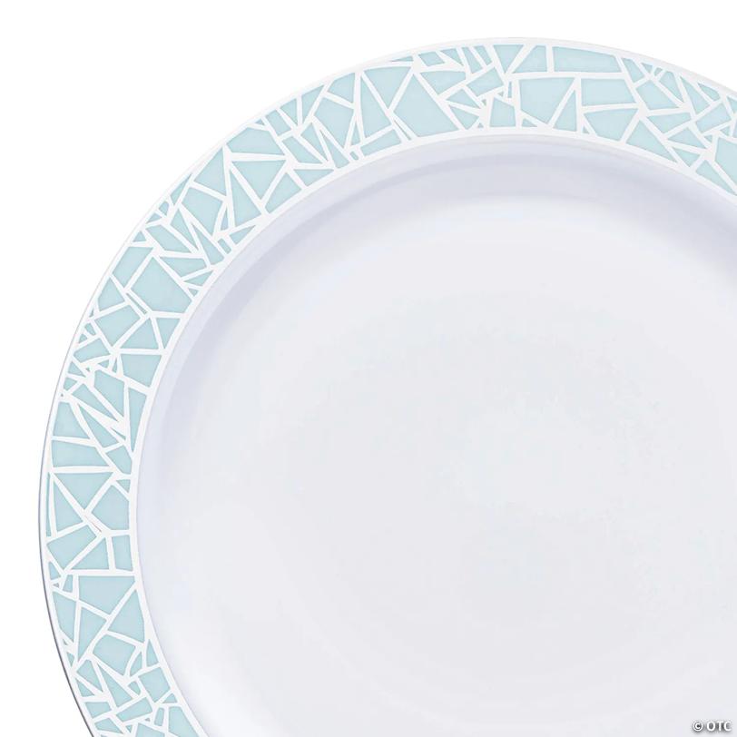 10.25" White with Turquoise Blue and Silver Mosaic Rim Round Plastic Dinner Plates (40 Plates) | USA Decoration®