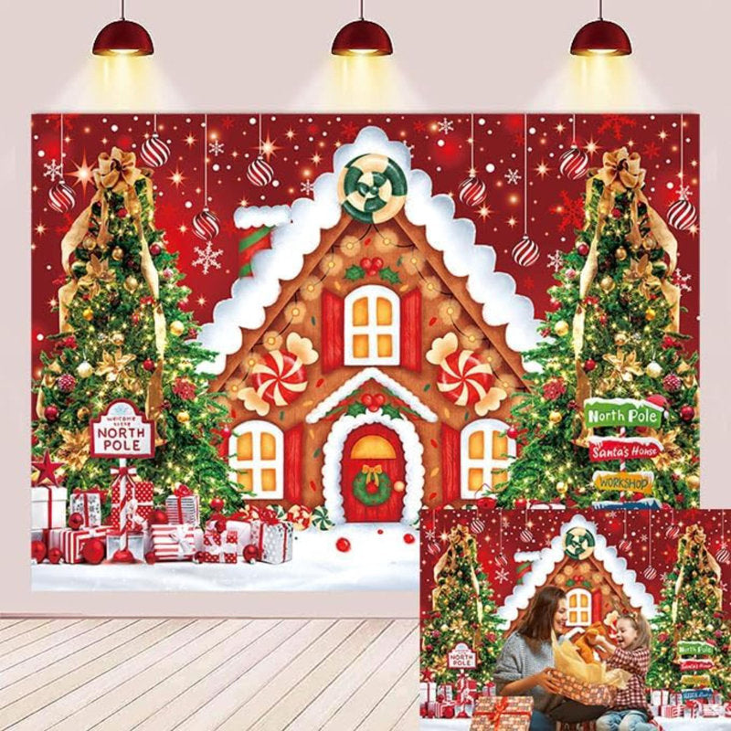 10X8ft Xmas Gingerbread Candy House Backdrop Stacked Christmas Tree Snowflakes Red Background Warm Winter Kids Party Photo Studio Booth