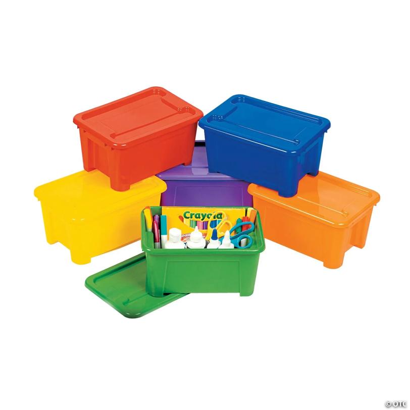 10 1/2" x 7" Classroom Storage Solid Color Plastic Bins with Lids - 6 Pc.