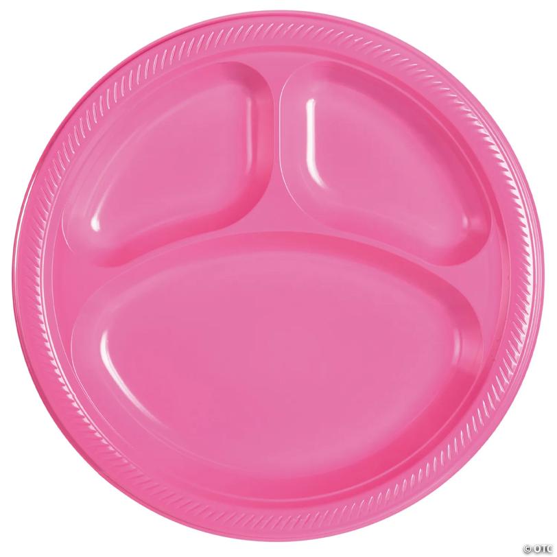 10" Bright Pink Disposable Three-Section Round Plastic Dinner Plates - 20 Pieces | USA Decoration®