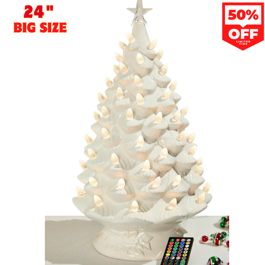 24" White Ceramic Nostalgic RGB Tree Classic Holiday Decor with Color-Changing Lights
