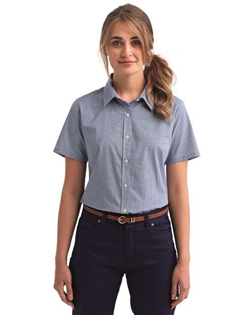 Women's Microcheck Gingham Short Sleeve Cotton Dress Shirt | USA Decoration