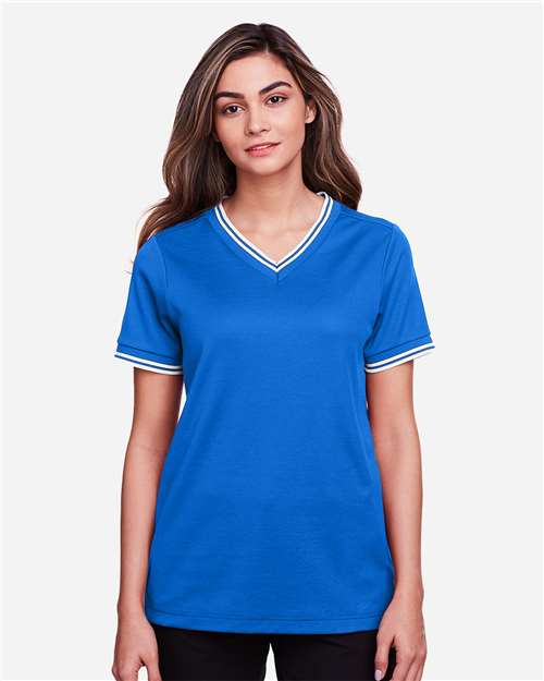 Women's CrownLux Performance® Plaited Tipped V-Neck Shirt | USA Decoration