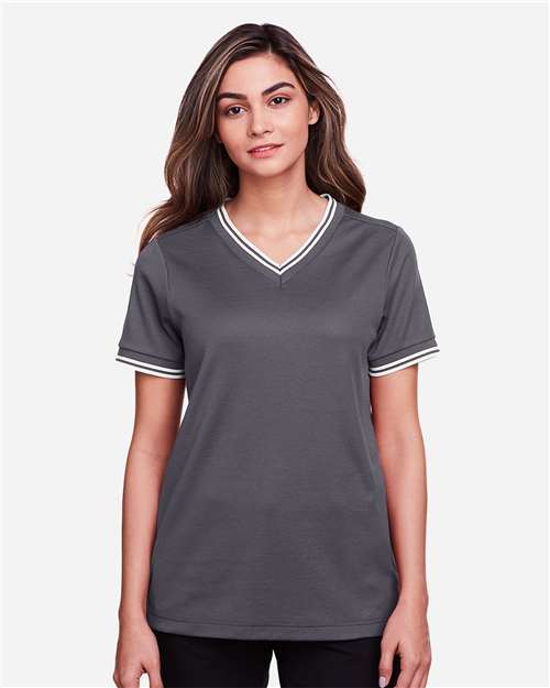 Women's CrownLux Performance® Plaited Tipped V-Neck Shirt | USA Decoration