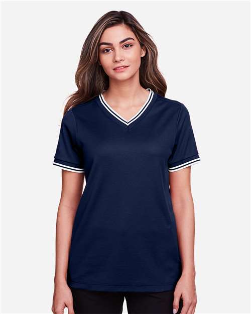 Women's CrownLux Performance® Plaited Tipped V-Neck Shirt | USA Decoration