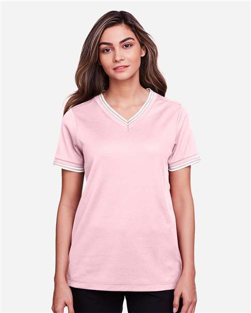 Women's CrownLux Performance® Plaited Tipped V-Neck Shirt | USA Decoration