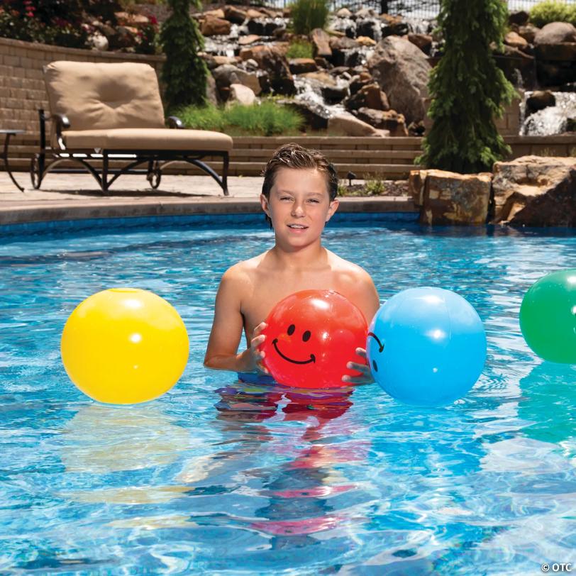 11" Inflatable Bright Color Smile Face Vinyl Beach Balls - 12 Pc.