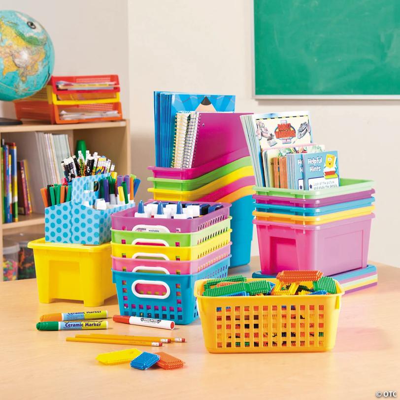 11" x 8" Tall Classroom Neon Plastic Storage Baskets with Handles - 6 Pc.