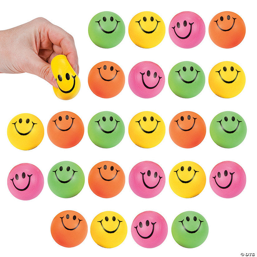 1 1/2" Mini Neon Smile Face Solid Color Foam Stress Balls - 24 Pc. | USA Decoration®