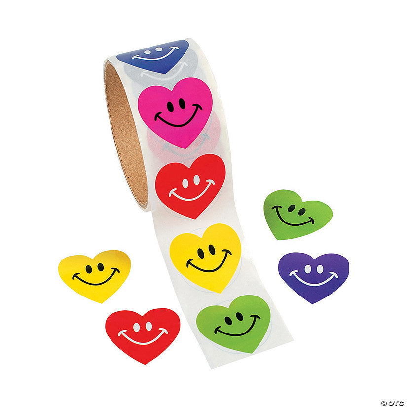 1 1/2" Valentine's Day Smile Face Heart Sticker Roll - 100 Pc.