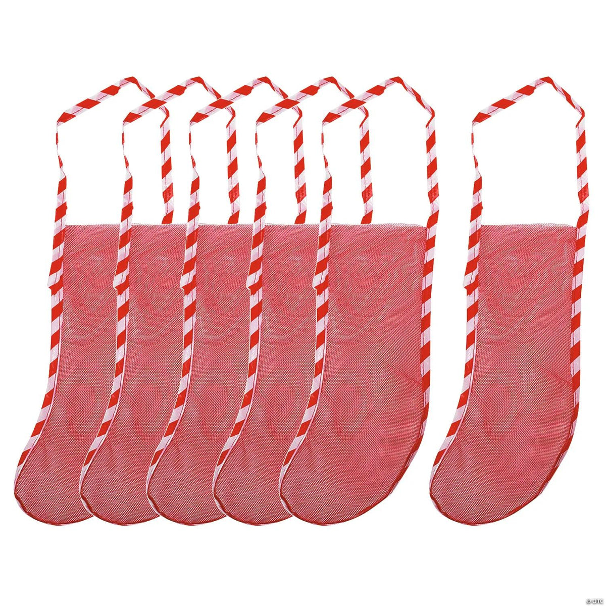 Bulk pack of 12-inch red mesh plastic Christmas stockings with carry straps