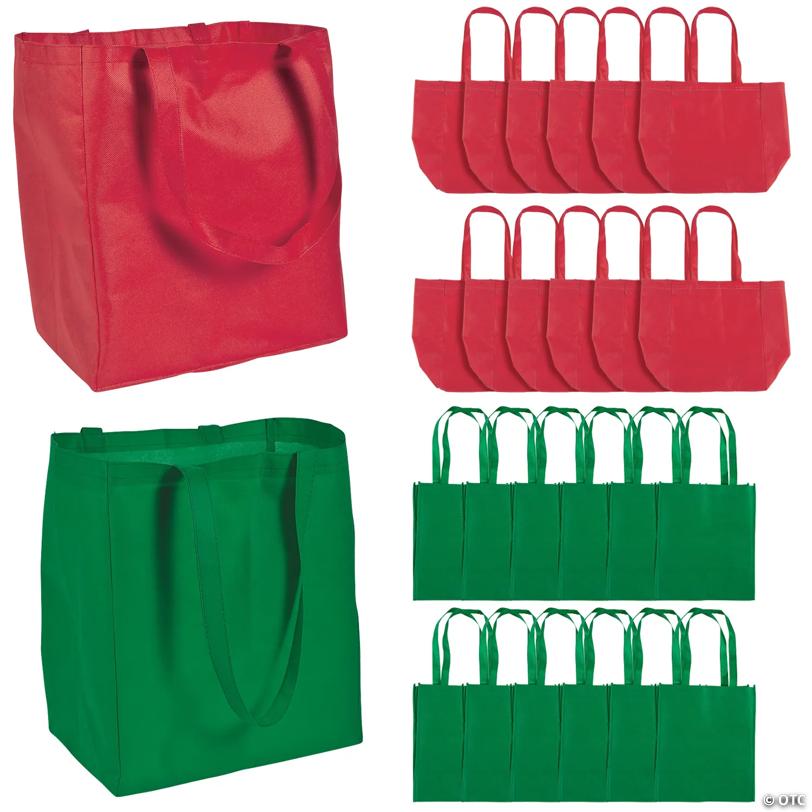 12" x 14" Large Christmas Red & Green Nonwoven Shopper Tote Bag Assortment – 24 Pc.