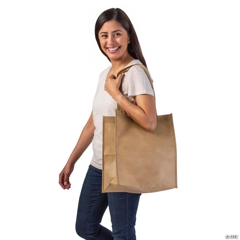 12" x 14" Large Tan Shopper Nonwoven Tote Bags - 12 Pc.