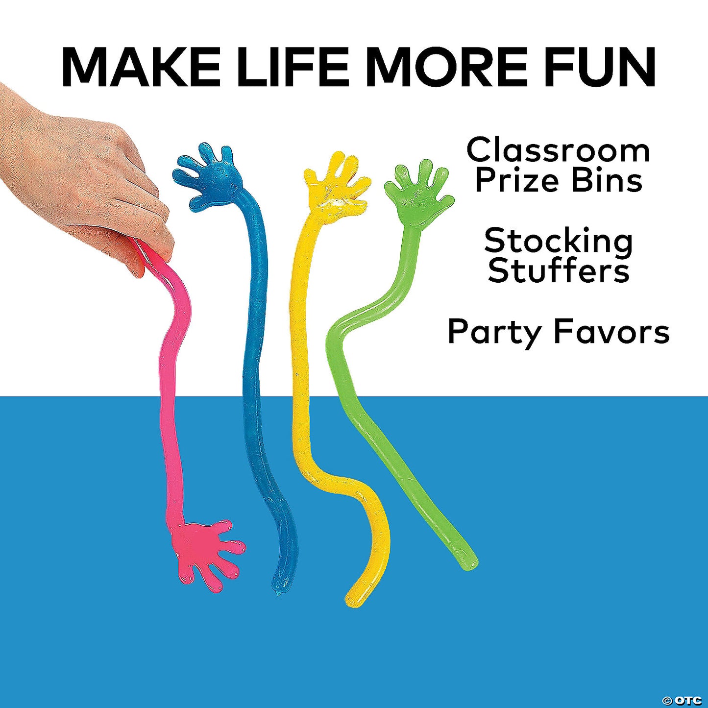 13 1/2" x 2" Jumbo Green, Yellow, Blue Pink Sticky Hands - 12 Pc. | USA Decoration®
