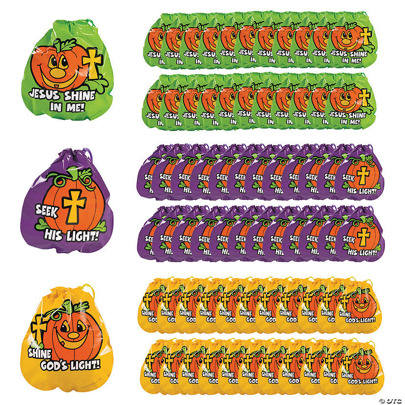 7" x 8 1/2" Bulk 72 Pc. Plastic Christian Pumpkin Drawstring Goody Bags halloween
