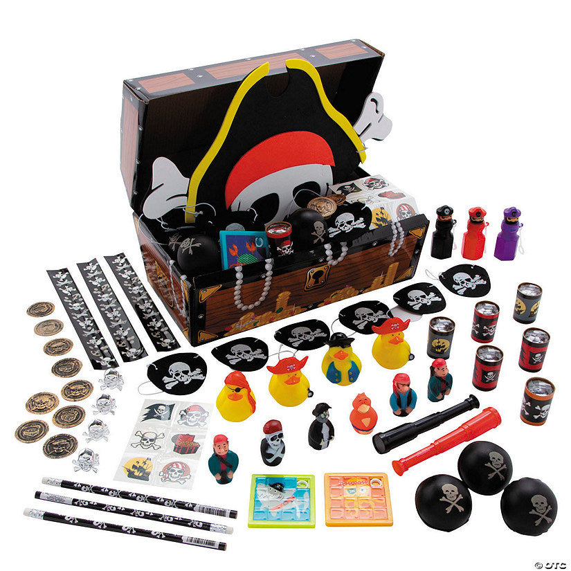 101 Piece(s): 12" x 7 1/4" x 6" Bulk 100 Pc. Pirate Treasure Chest Toy Assortment | USA Decoration®
