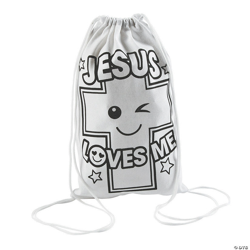 9 1/2" x 15" Color Your Own Jesus Loves Me Drawstring Bags - 12 Pc. | USA Decoration®