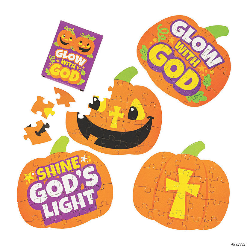 Per Dozen: 6" x 5 3/4" 20-Pc. Mini Christian Pumpkin Cardboard Jigsaw Puzzles - 12 Boxes | USA Decoration®