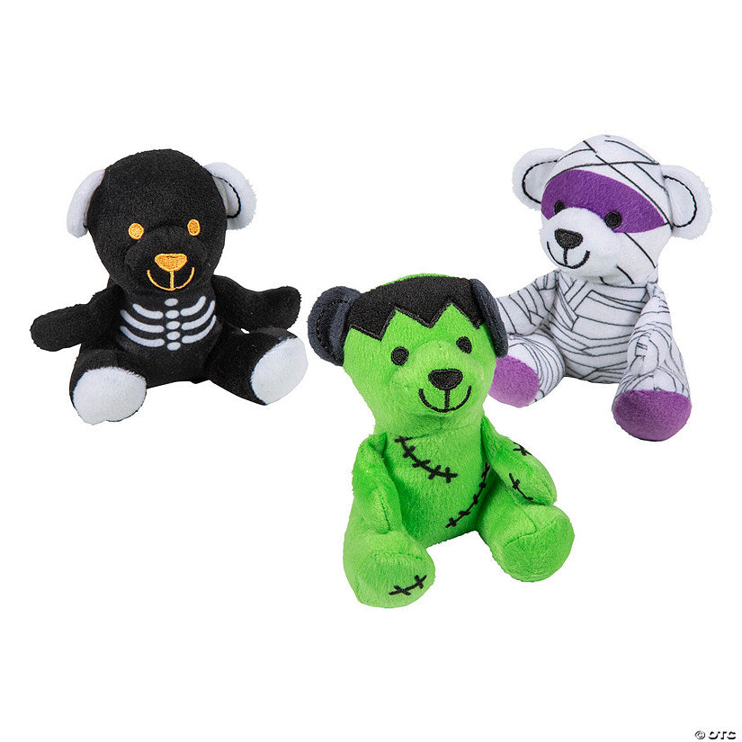 4 1/2" Halloween Skeleton, Mummy Frankenstein Stuffed Bears - 12 Pc. | USA Decoration®