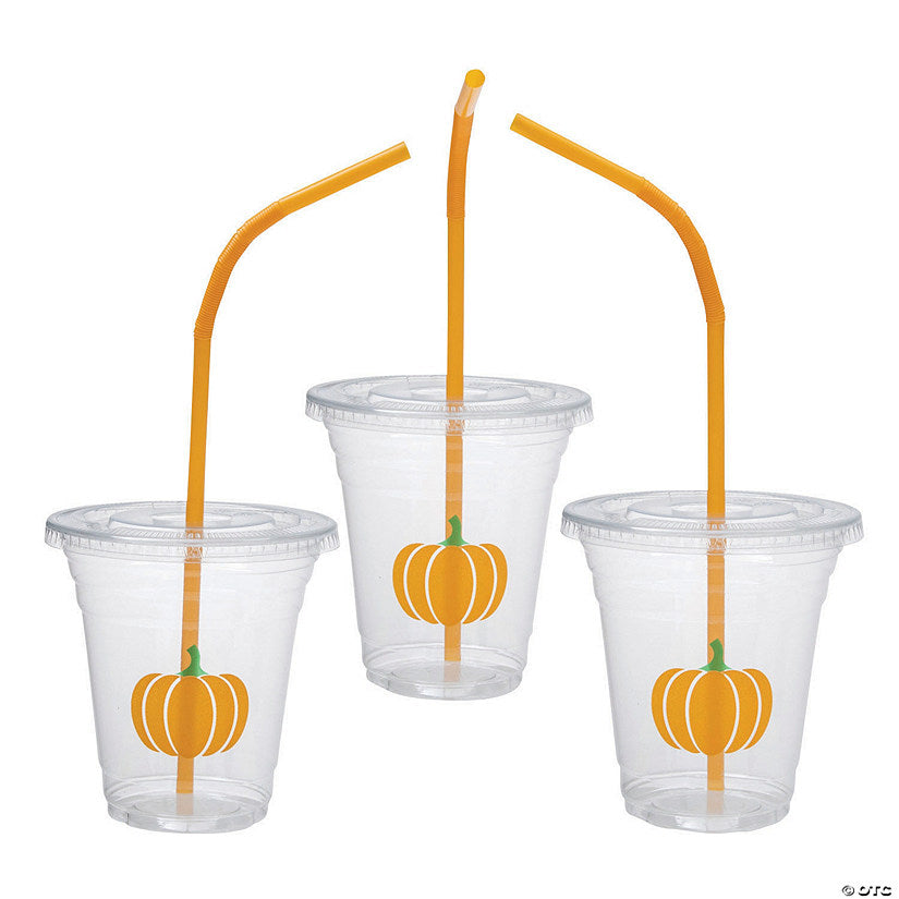 12 oz. Bulk 50 Ct. Clear Pumpkin Disposable Plastic Cups with Lids & Straws | USA Decoration®