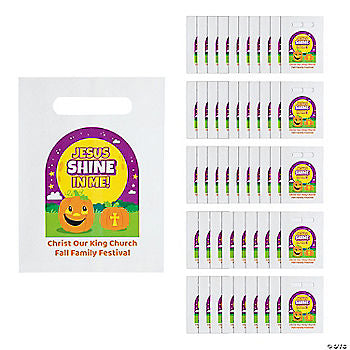 Bulk 48 Pc. Personalized Fall Jesus Shine in Me Paper Bags with Cutout Handles halloween