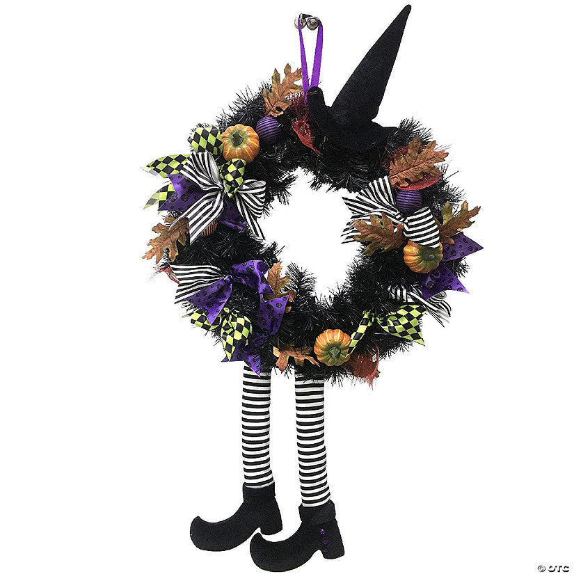 1 Piece(s): Skeleteen Happy Halloween Witch Wreath - Front Door Hanging Witchy Decorations with Pumpkins, Maple Leaves, Witch Hat and Witch Legs | USA Decoration®