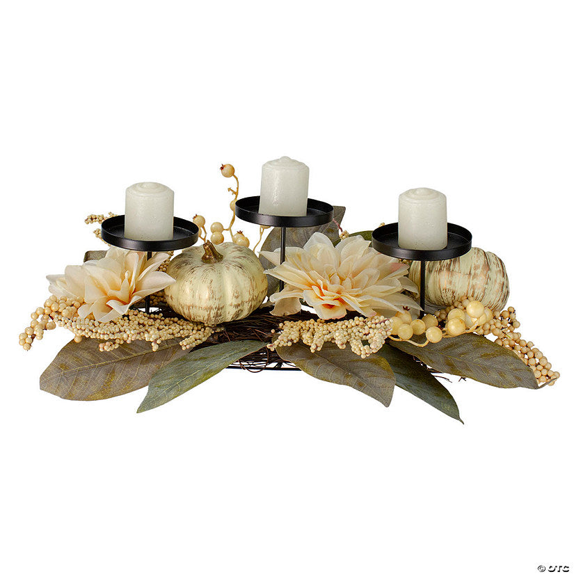 1 Piece(s): 21" White Dahlia and Pumpkin Fall Candle Holder Centerpiece | USA Decoration®