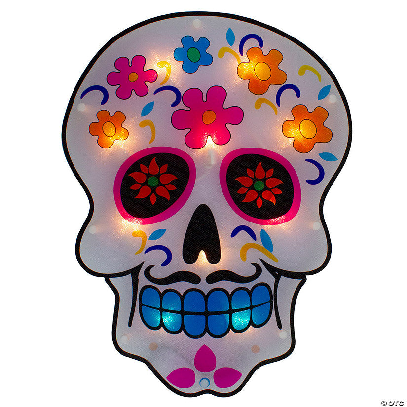 15" Lighted Day of the Dead Sugar Skull Halloween Window Silhouette Decor | USA Decoration®
