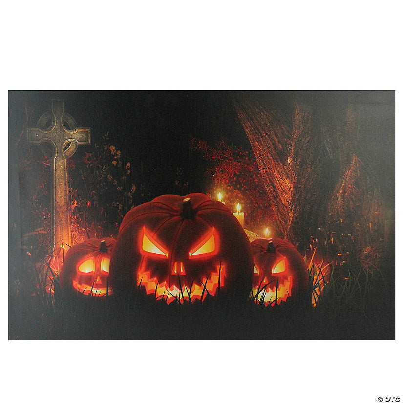 1 Piece(s): LED Lighted Jack-O-Lanterns in a Cemetery Halloween Canvas Wall Art 23.5" x 15.5 | USA Decoration®