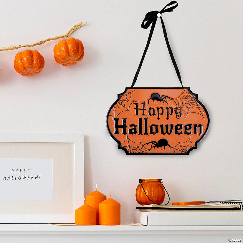 10" Orange and Black "Happy Halloween" Cauldron Pot Metal Wall Sign | USA Decoration®