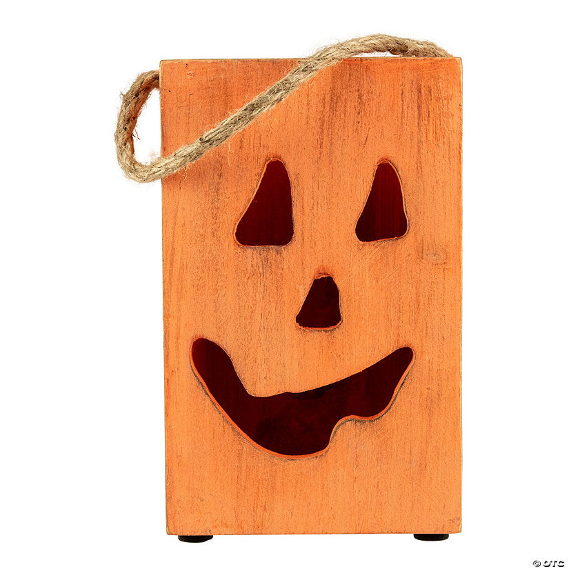 1 Piece(s): 8" Large Orange Wood Jack O Lantern Halloween Candle Lantern | USA Decoration®