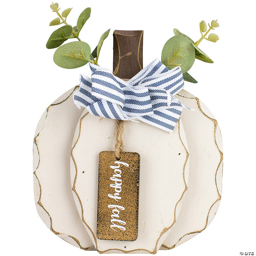 1 Piece(s): 9" Beige Happy Fall Wooden Pumpkin Fall Harvest Decoration | USA Decoration®