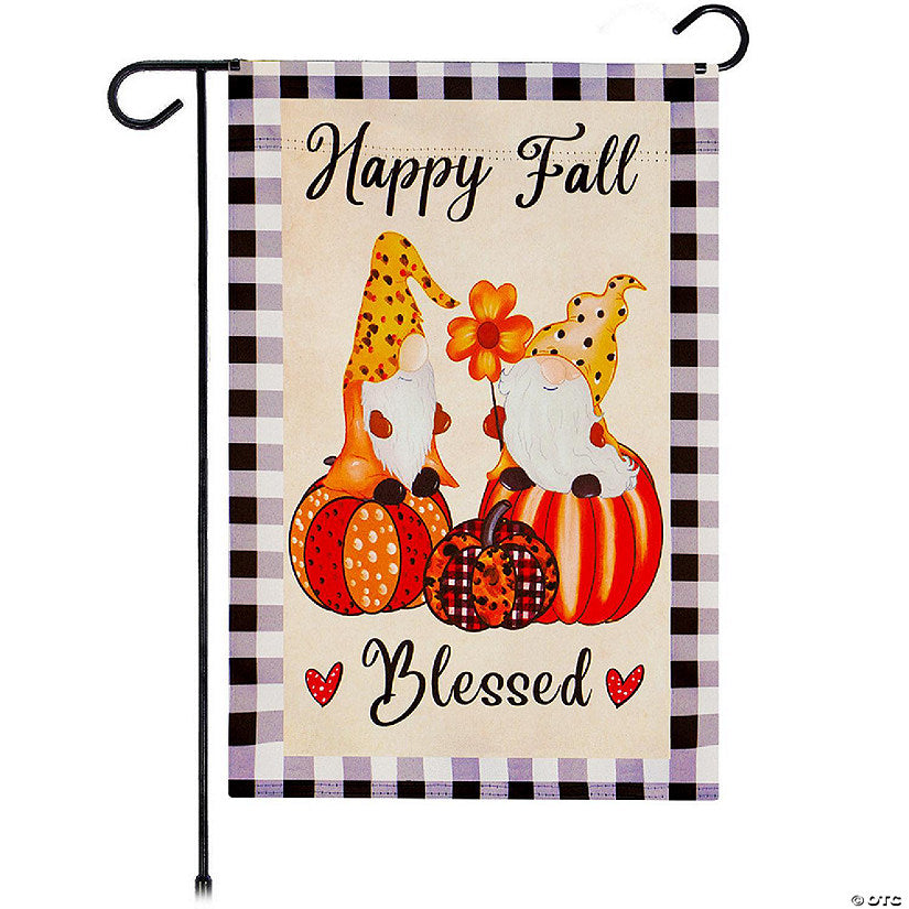 1 Piece(s): G128 12"x18" Blockout Fabric Happy Fall Blessed Two Gnomes on Pumpkins Garden Flag | USA Decoration®