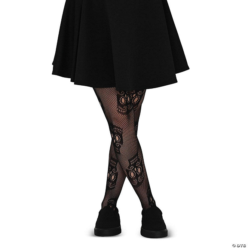 Skeleteen Black Fishnet Skull Tights - Gothic Day of the Dead Halloween Fish Net Pantyhose with Ripped Skeleton Sugar Skulls Stockings | USA Decoration®