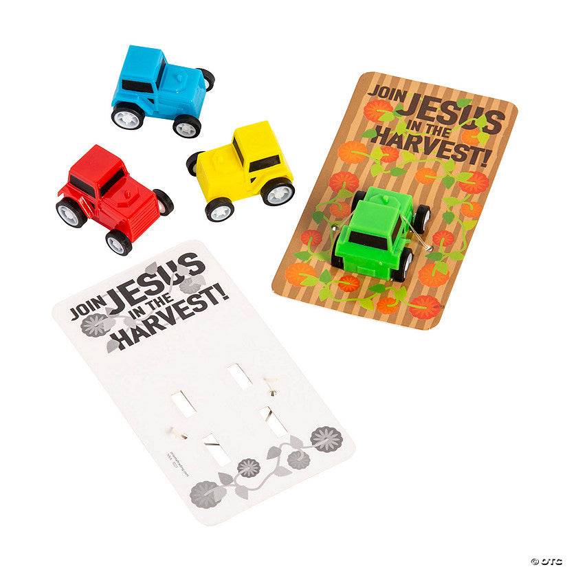 Per Dozen: 1 1/2" Religious Pull-Back Tractors with Harvest Card for 12 | USA Decoration®