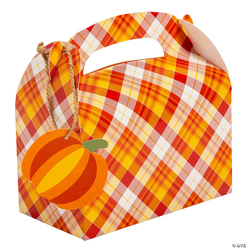 Per Dozen: 6 1/4" x 5 1/4" Fall Plaid Favor Boxes with Pumpkin Tags - 12 Pc. | USA Decoration®