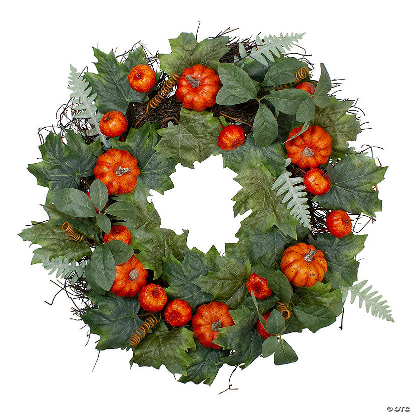 1 Piece(s): Northlight Maple and Fern Leaves with Pumpkins Artificial Wreath Orange 24-Inch | USA Decoration®