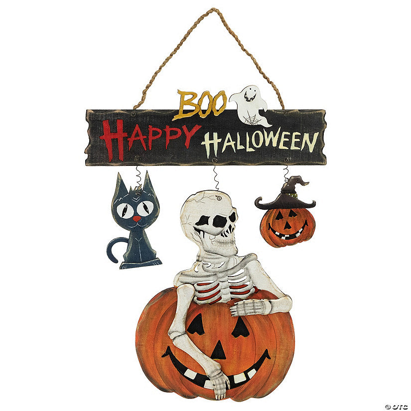1 Set(s): 14.5" Skeleton with Jack-O-Lanterns and Black Cat "Happy Halloween" Hanging Decoraton | USA Decoration®