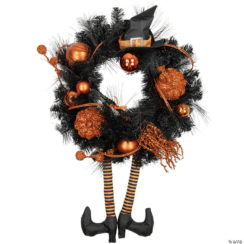 1 Set(s): Orange and Black Witch and Pumpkins Halloween Wreath 24-Inch Unlit | USA Decoration®