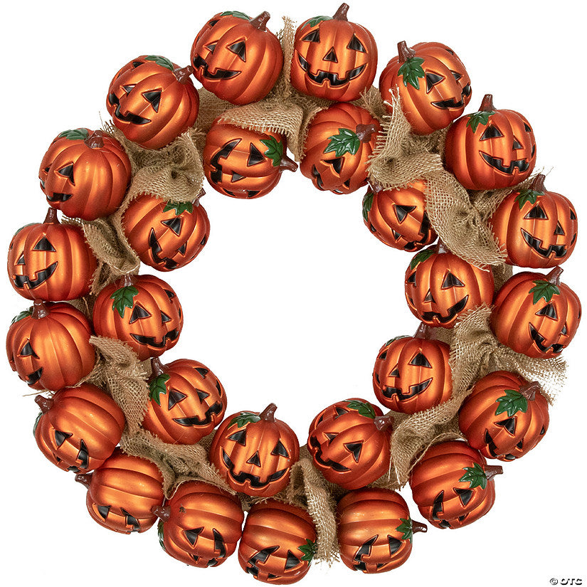 1 Set(s): Jack-O-Lantern and Burlap Ribbon Halloween Wreath 20-Inch Unlit | USA Decoration®