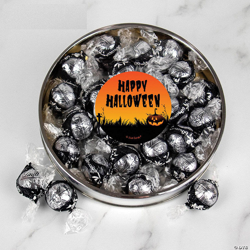 1 Count: Halloween Candy Gift Tin with Chocolate Lindor Truffles by Lindt Large Plastic Tin with Sticker By Just Candy - Pumpkin | USA Decoration®