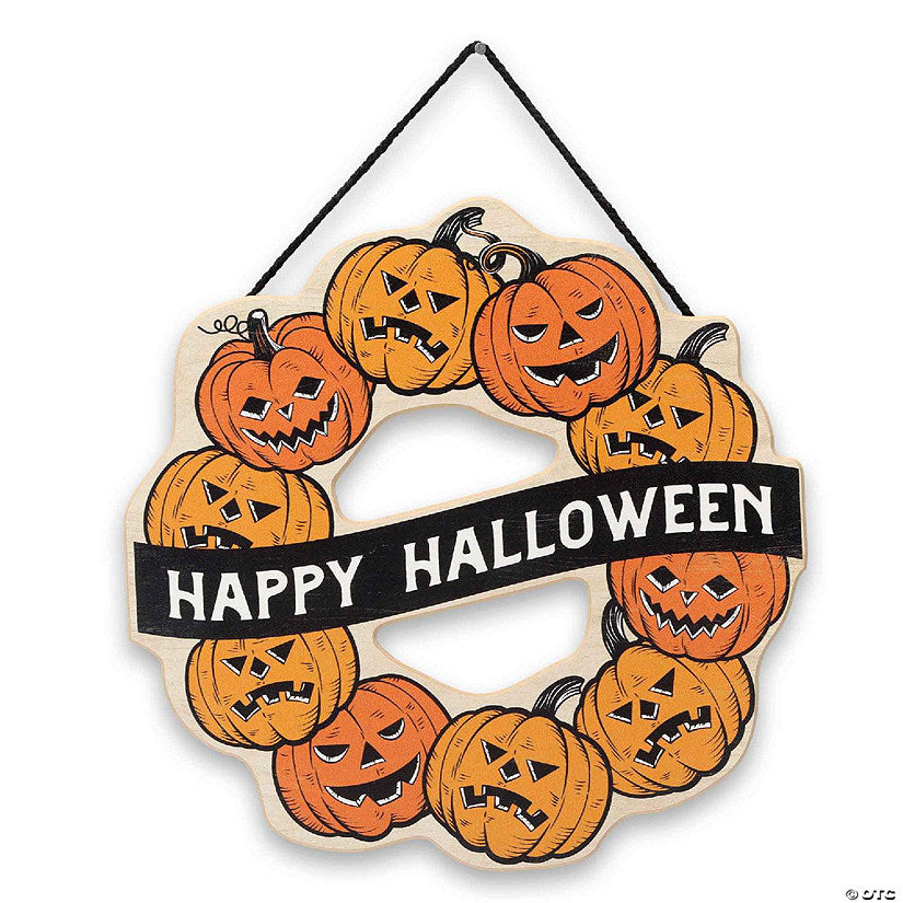 Open Road Brands 11x11 Happy Halloween Jack-O-Lantern Wreath Hanging Wood Wall Decor | USA Decoration®