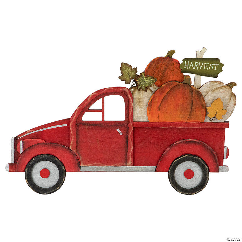 1 Piece(s): 14" Red Truck with Pumpkins Fall Harvest Sign Decoration | USA Decoration®